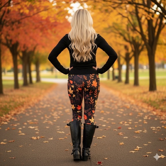 OS/TC/TC2 NEW Womens Thanksgiving Leggings w/Pockets Luxury Fall Leaf Yoga Pants - Picture 7 of 14